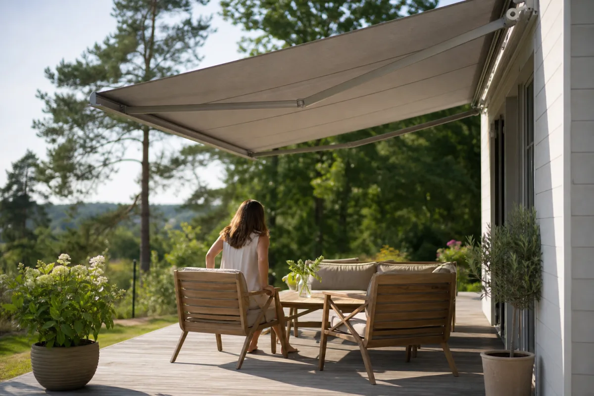 Utf&auml;lld terrassmarkis som skuggar en sittgrupp p&aring; en solig altan