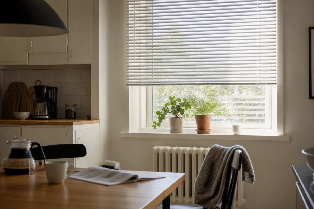 Prisv&auml;rd vit aluminiumpersienn monterad i ett f&ouml;nster i ett svenskt k&ouml;k
