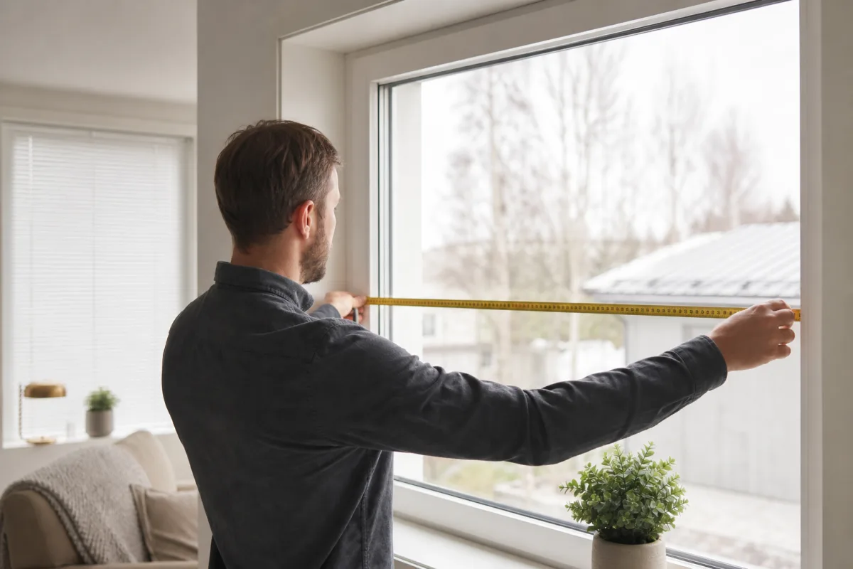 En person m&auml;ter upp ett f&ouml;nster med m&aring;ttband inf&ouml;r best&auml;llning av m&aring;ttanpassade persienner