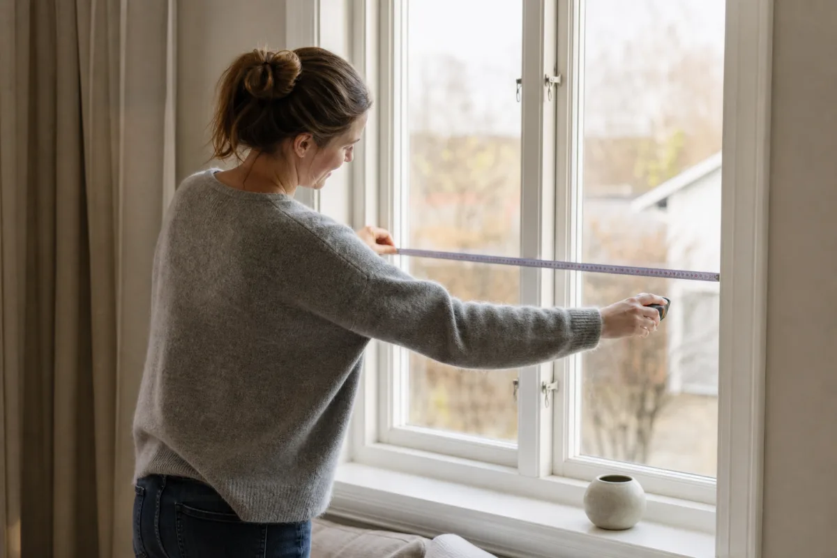 En person m&auml;ter upp ett f&ouml;nster med st&aring;lm&aring;ttband inf&ouml;r best&auml;llning av en pliss&eacute;gardin