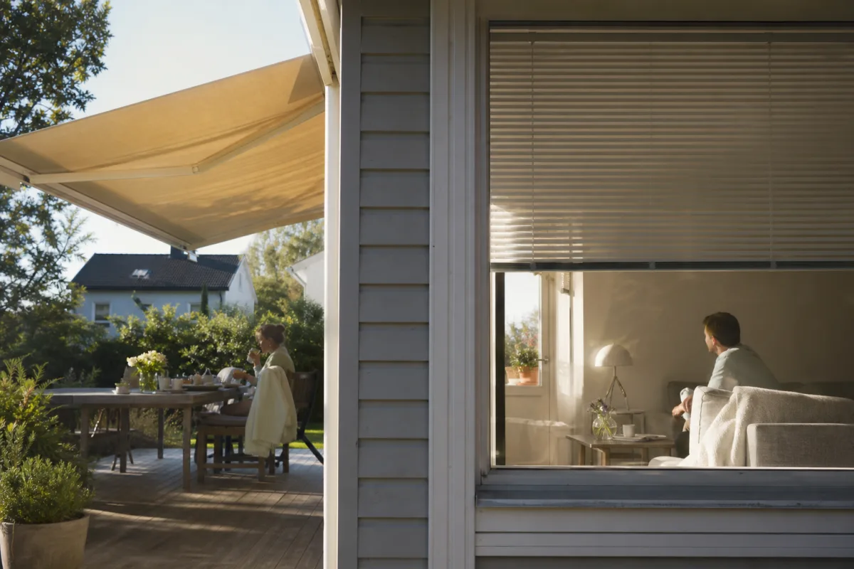 Delad bild: utf&auml;lld terrassmarkis &ouml;ver en uteplats till v&auml;nster, nedfällda ljusa persienner sett inifr&aring;n till h&ouml;ger