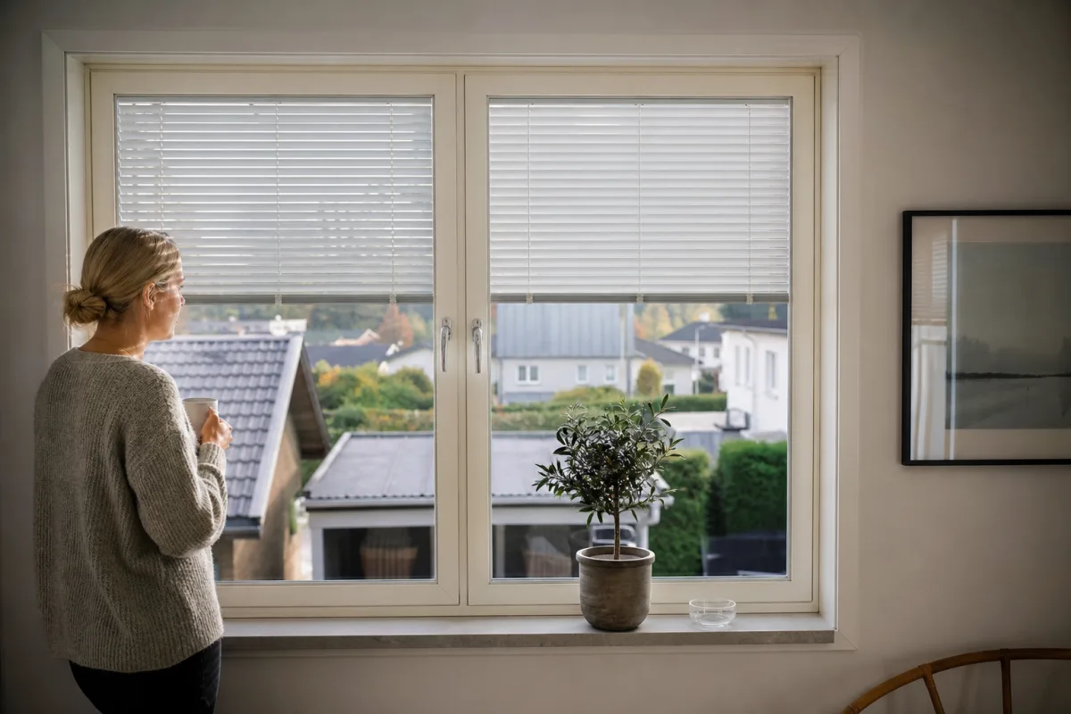 Vita aluminiumlameller till en mellanglaspersienn monterade i luftspalten mellan tv&aring; glasrutor i ett kopplat f&ouml;nster