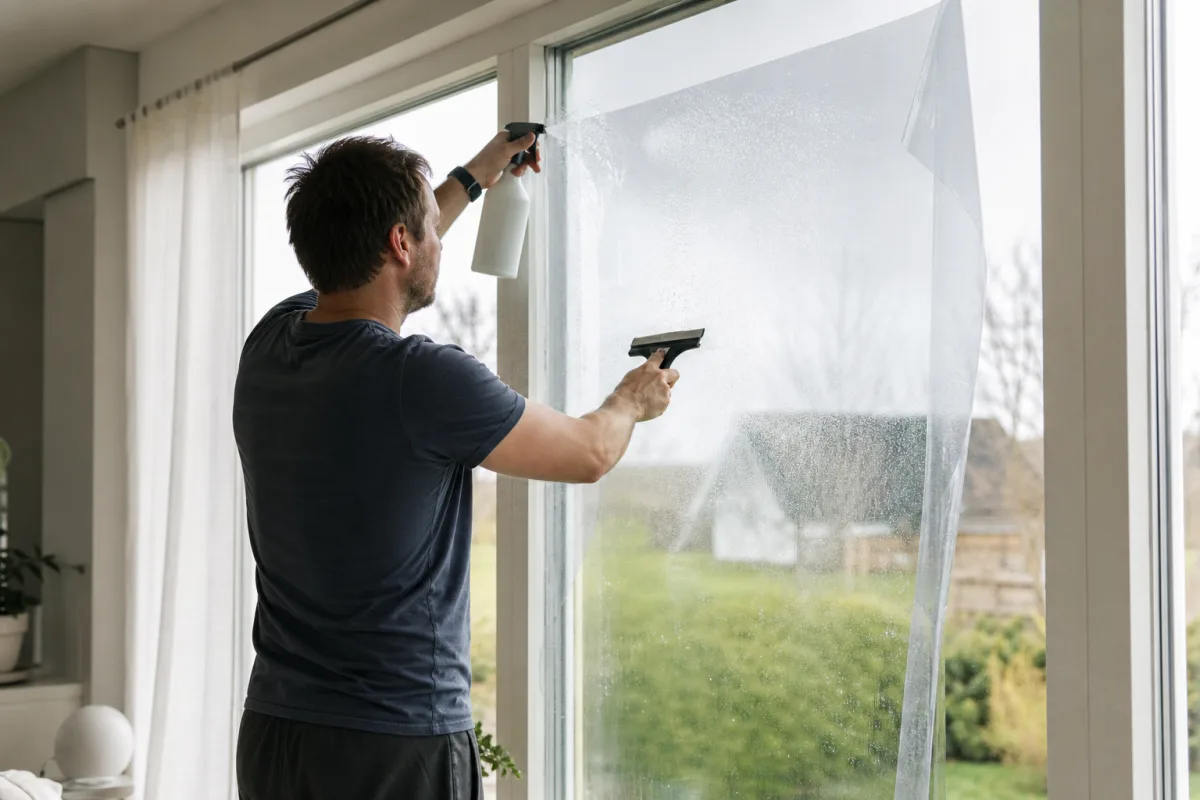En person monterar sj&auml;lvh&auml;ftande solfilm p&aring; ett stort f&ouml;nster hemma med gummiskrapa och s&aring;pvatten