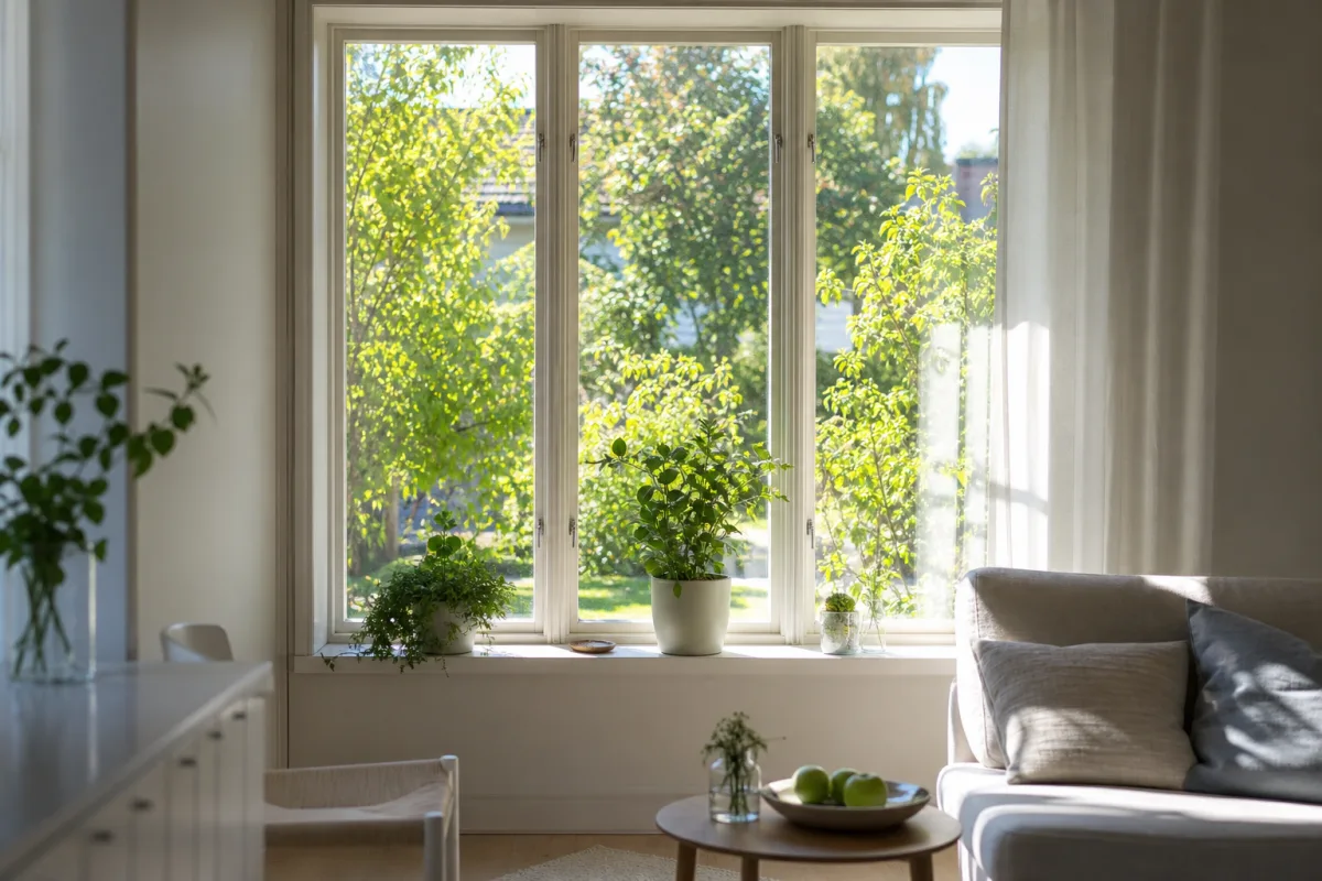 Ett soligt s&ouml;derf&ouml;nster sett inifr&aring;n ett svalt, skuggat svenskt vardagsrum en varm sommardag