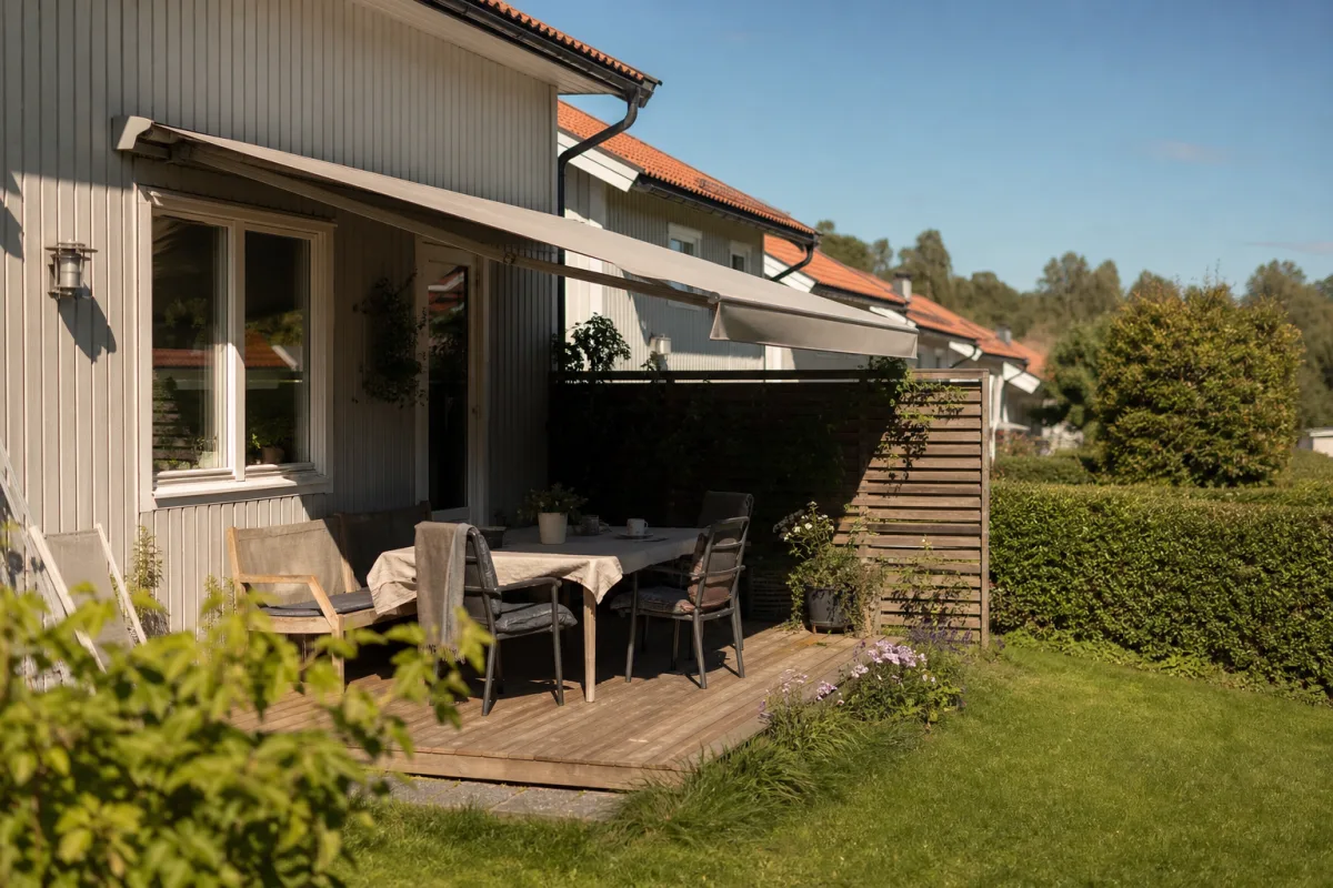 Radhusfasad en het sommardag med en utf&auml;lld terrassmarkis som kastar skugga &ouml;ver en altan med utomhusm&ouml;bler