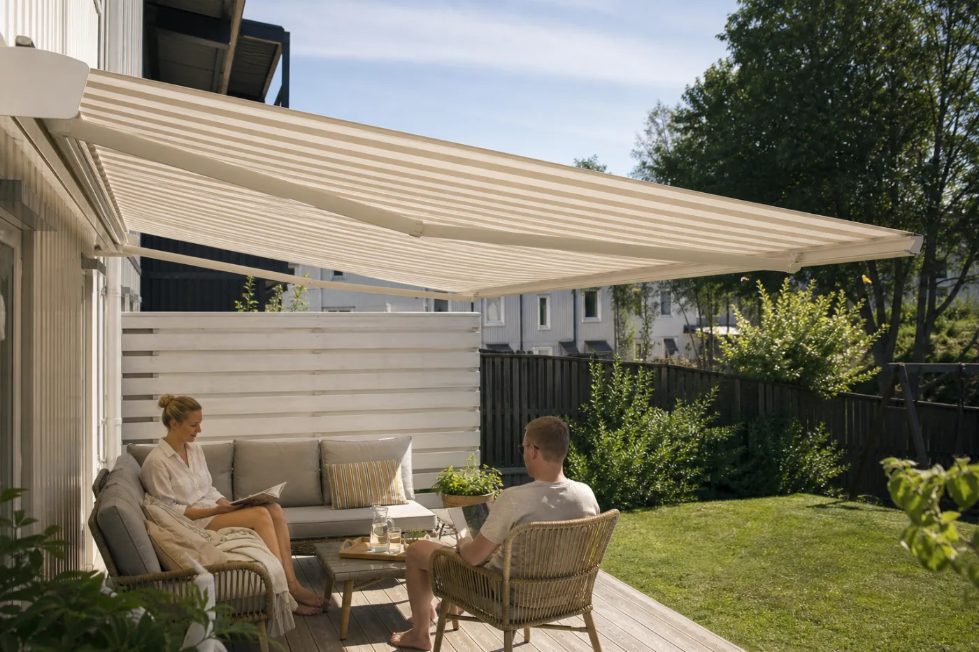 Terrassmarkis utfälld över en altan med sittgrupp i skuggan en solig dag