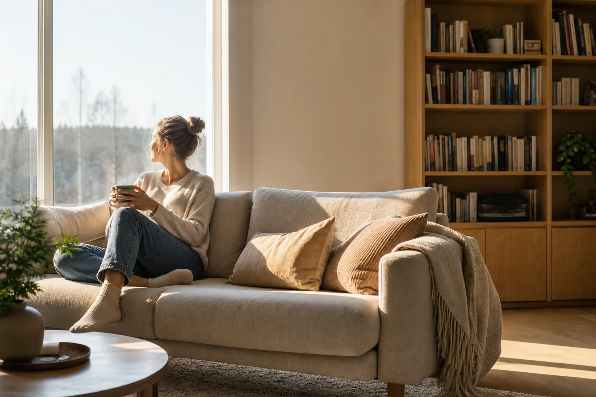 Eftermiddagssol som str&ouml;mmar in genom ett stort vardagsrumsf&ouml;nster med n&auml;stan osynlig transparent solfilm, en soffa och en bokhylla syns i rummet