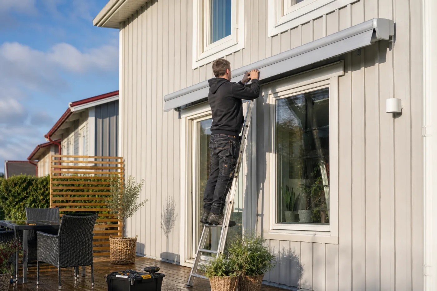 Hantverkare monterar en terrassmarkis p&aring; fasaden av ett svenskt bostadshus en solig dag